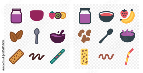 Breakfast and snack flat icons set – food, meal, nutrition symbols