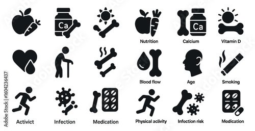 Health and wellness solid icons set – nutrition, medication, bone care symbols