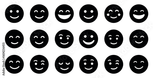 Smile and emoticon silhouette icons set – filled, solid, happy and face symbols