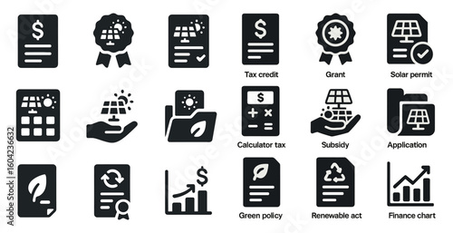 Sustainable energy solid icons set – eco-friendly, renewable, green tech symbols