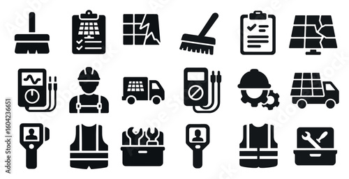 Construction and maintenance solid icons set – tools, worker, home renovation symbols
