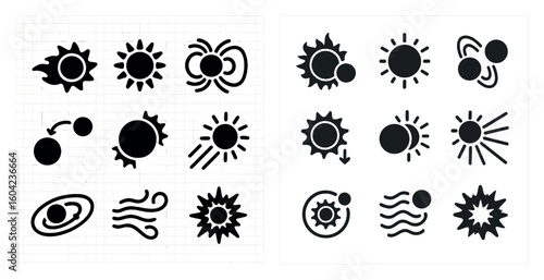 Sun and weather icons set: solid, filled, meteorological symbols and elements