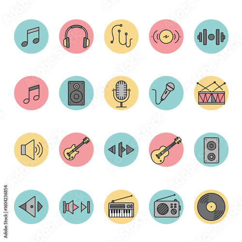 Colorful round icons depicting various music and fitness symbols.