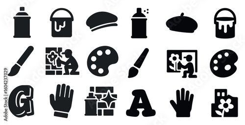 Art and creativity silhouette icons set – design, painting, artistic symbols