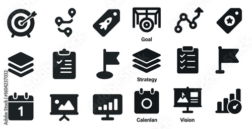 Business and strategy solid icons set – filled, flat, management and planning symbols
