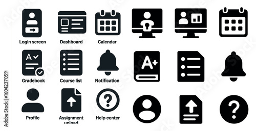 Education and learning solid icons set – flat, filled, school and academic symbols
