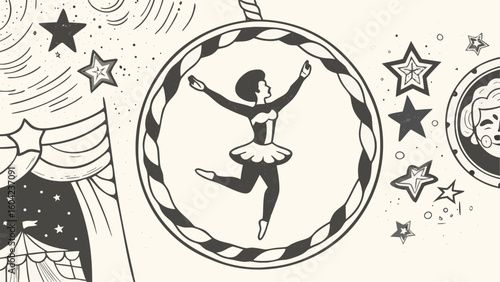 Illustration of a circus scene with a ballerina in a hoop and stars and a tent design element silhouette