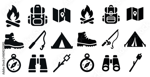 Camping and outdoors solid icons set – filled, adventure, nature elements