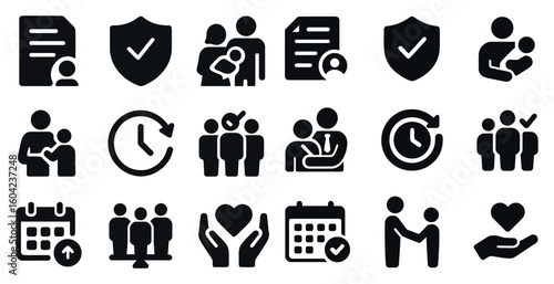 Family and parenting solid icons set – filled, childcare, social support symbols