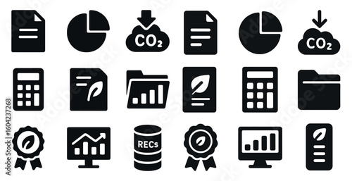 Business and finance solid icons set – economic, corporate, analytics symbols
