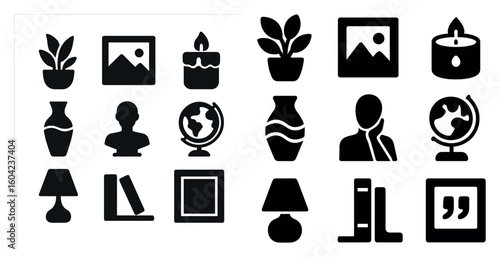 Home and decoration solid icons set – outline, silhouette, interior design symbols