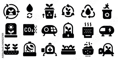 Sustainability and recycling icons set – solid, filled, eco and green symbols