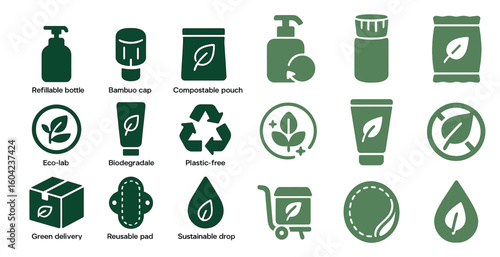 Eco-friendly outline icons set – green, sustainable, environmental and biodegradable graphics