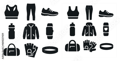 Fitness and workout solid icons set – silhouette, gym, exercise equipment symbols