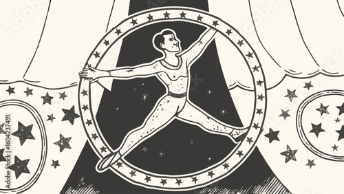 Acrobat in a star circle with curtains and star patterns creates a vintage circus style illustration silhouette
