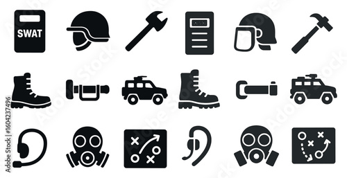 Police and swat solid icons set – tactical, filled, security equipment graphics
