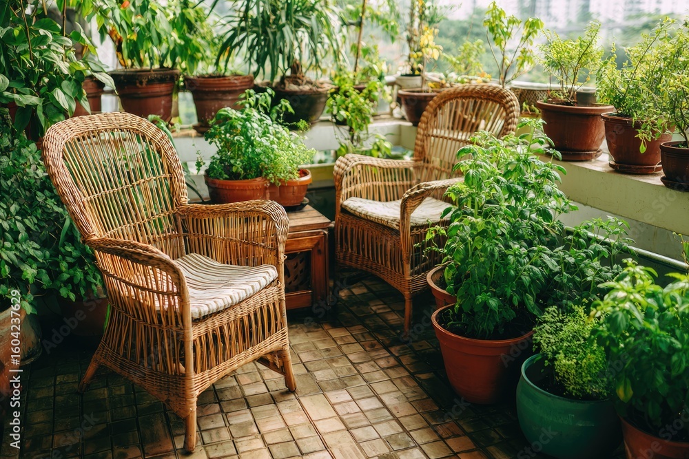 Cozy balcony with wicker chairs and lush plants Cozy balcony with wicker chairs and lush plants