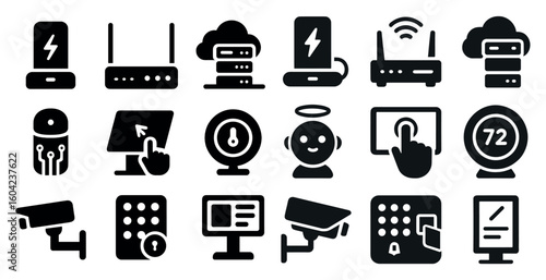 Smart technology solid icons set – connected, digital, security symbols