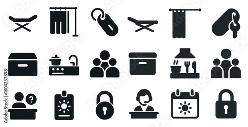 Hospitality and service silhouette icons set – flat, filled, concierge and customer care