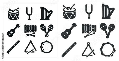 Musical instruments solid icons set – silhouette, filled, music and sound symbols