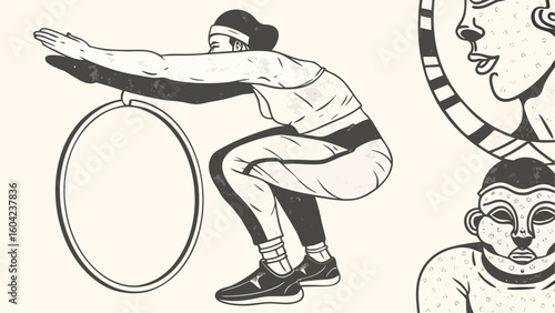 Illustration of a woman squatting with a hula hoop and stylized faces in the background artwork design silhouette