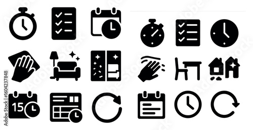 Time management solid icons set – flat, filled, scheduling symbols for productivity