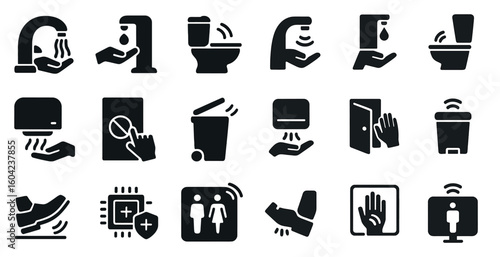 Hygiene and sanitation icons set in solid style – clean, bathroom, health symbols