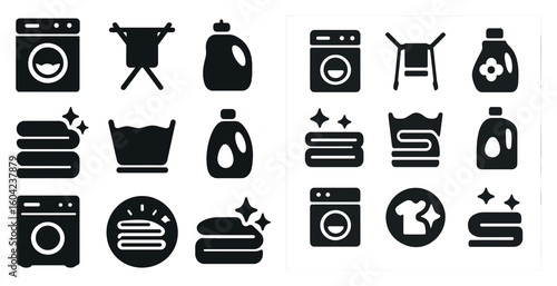 Laundry and cleaning solid icons set – silhouette, washing, housekeeping symbols