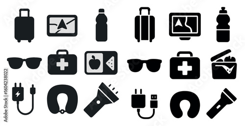 Travel and vacation filled icons set – solid, silhouette, trip planning symbols
