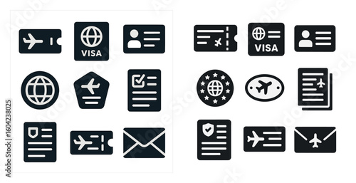 Travel and tourism outline icons set – silhouette, adventure, trip planning symbols