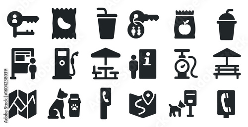 Travel and leisure silhouette icons set – maps, vacation symbols