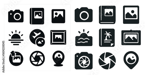 Photography and camera icons set – solid, filled, photo and image symbols