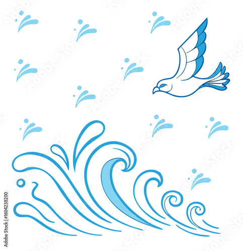 Vector  illustration of a seagull flying over blue waves with water droplets on a white background design art