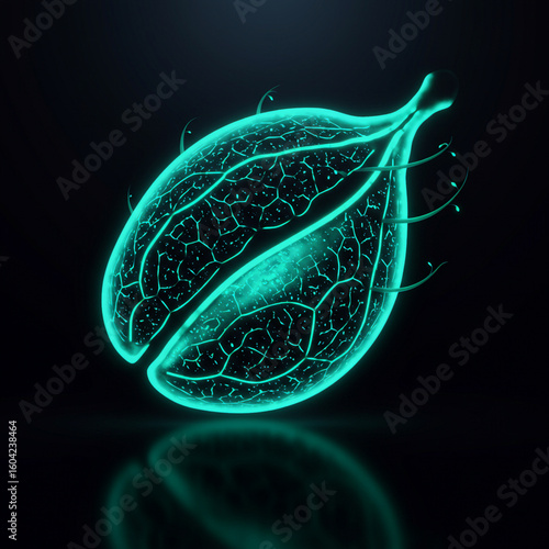 Vector illustration of glowing teal seed pod with filaments on black background