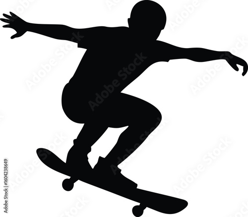 Silhouette of Skateboarder in MidAir Performing Trick on White Background
