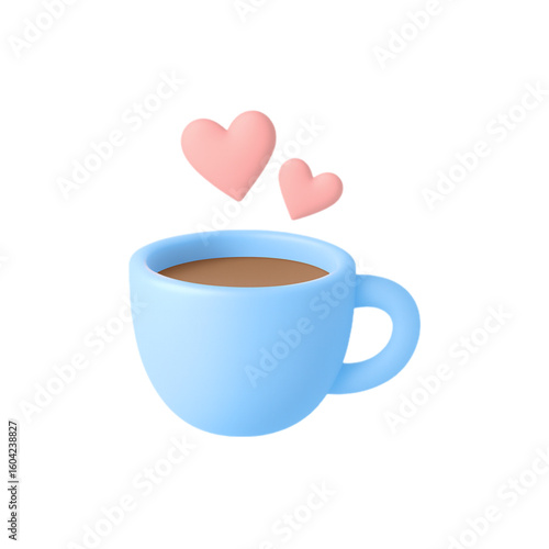 Cute blue coffee cup with pink hearts isolated on transparent background