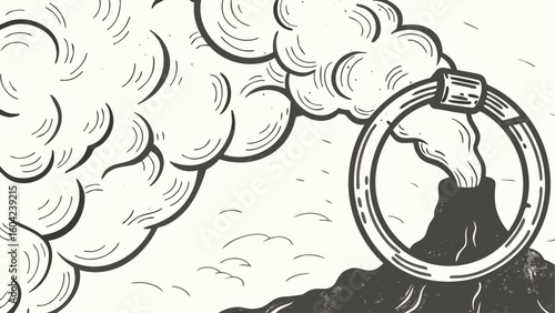 Illustration of a volcano erupting inside a circle with smoke and a mountain landscape in black and white silhouette
