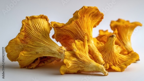 The vibrant chanterelle mushrooms on a light background showcasing their unique texture.