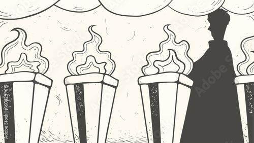 Silhouette of a person standing behind several torches with flames under cloudy sky illustration