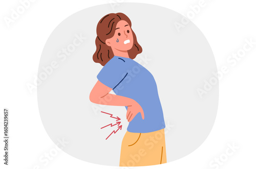 Woman suffers from pain in spine and needs massage or warming ointment to combat radiculitis. Young girl feels sharp attack of radiculitis caused by sedentary work or lifting heavy objects.