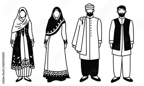 South Asian Traditional Dress Silhouettes Black & White Cultural Costume Art