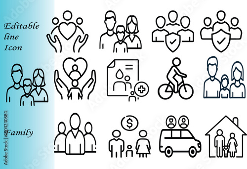 icon set of Family | Parents with Child Icon, Family of Three with protection icon, Family of Three with dollar icon, happy home, House with Heart Icon, Family member car trip, cycling