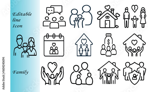 icon set of Family | Parents with Child Icon, Family of Three Inside home, Family of Three in calendar, happy home, House with Heart Icon, Family member with communication icon