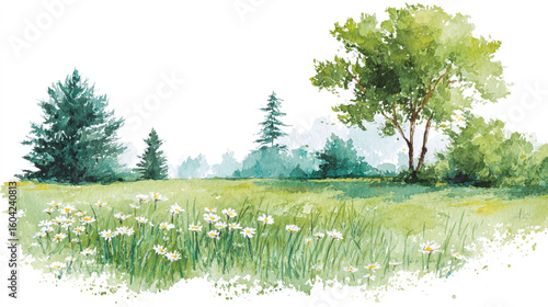Watercolor painting of a grassy field with trees and daisies, in a clip art style, on a white background.