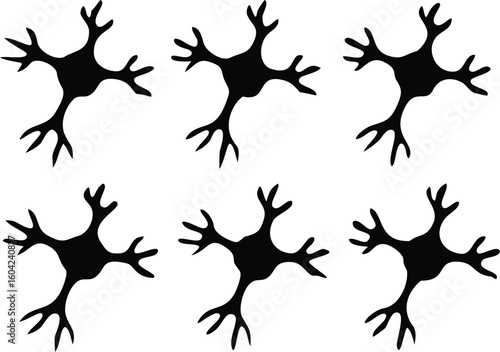 Six Black Neuron Silhouette Illustrations on White Background Depicting Nerve Cells or Brain Cells