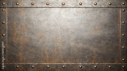 A textured metal plate with rivets creates a strong industrial background for various creative projects and designs