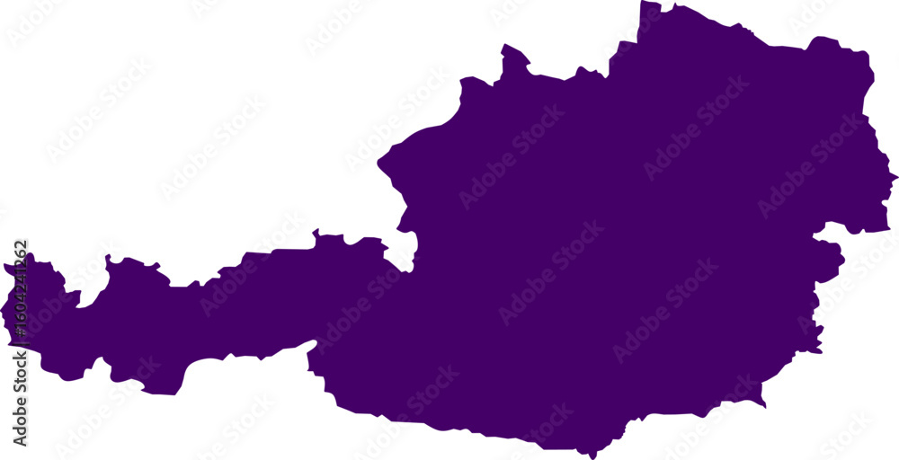 Fototapeta premium Purple silhouette map of Austria on a white background. Clean vector outline perfect for educational use, infographics, geographic materials, and political or cultural designs. 
