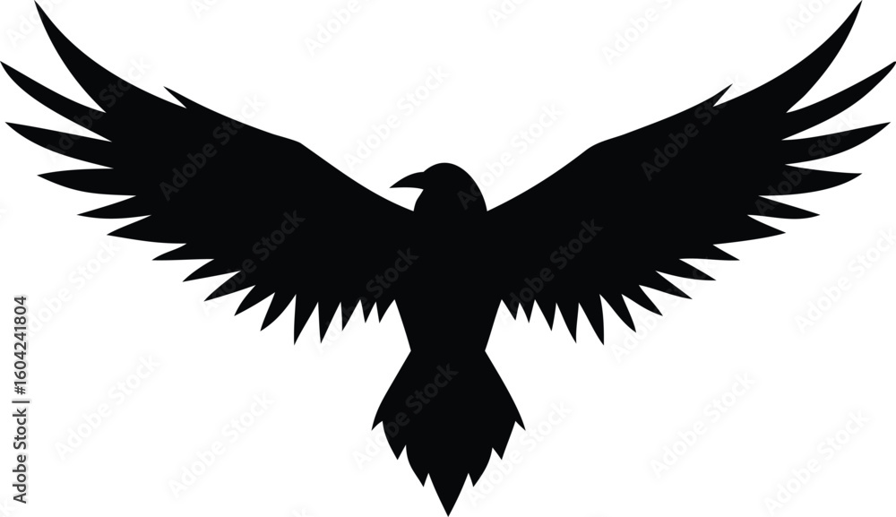 Obraz premium Soaring Raven Silhouette Black Bird with Wide Wingspan Against a White Background