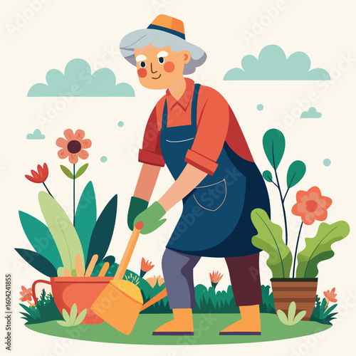 Elderly person gardening with shovel and watering can plants