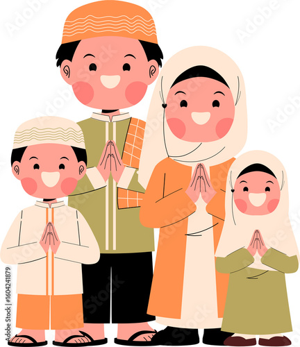 Cute Muslim family cartoon for Eid al-Fitr greeting cards